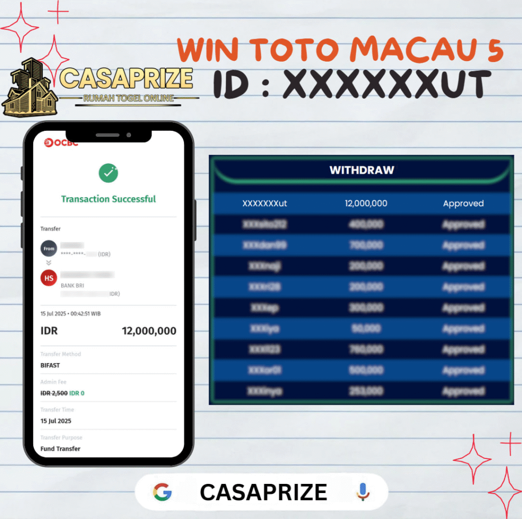 MEMBER CASAPRIZE JACKPOT DI PASARAN TOTO MACAU 5 RP. 12.000.000,-
