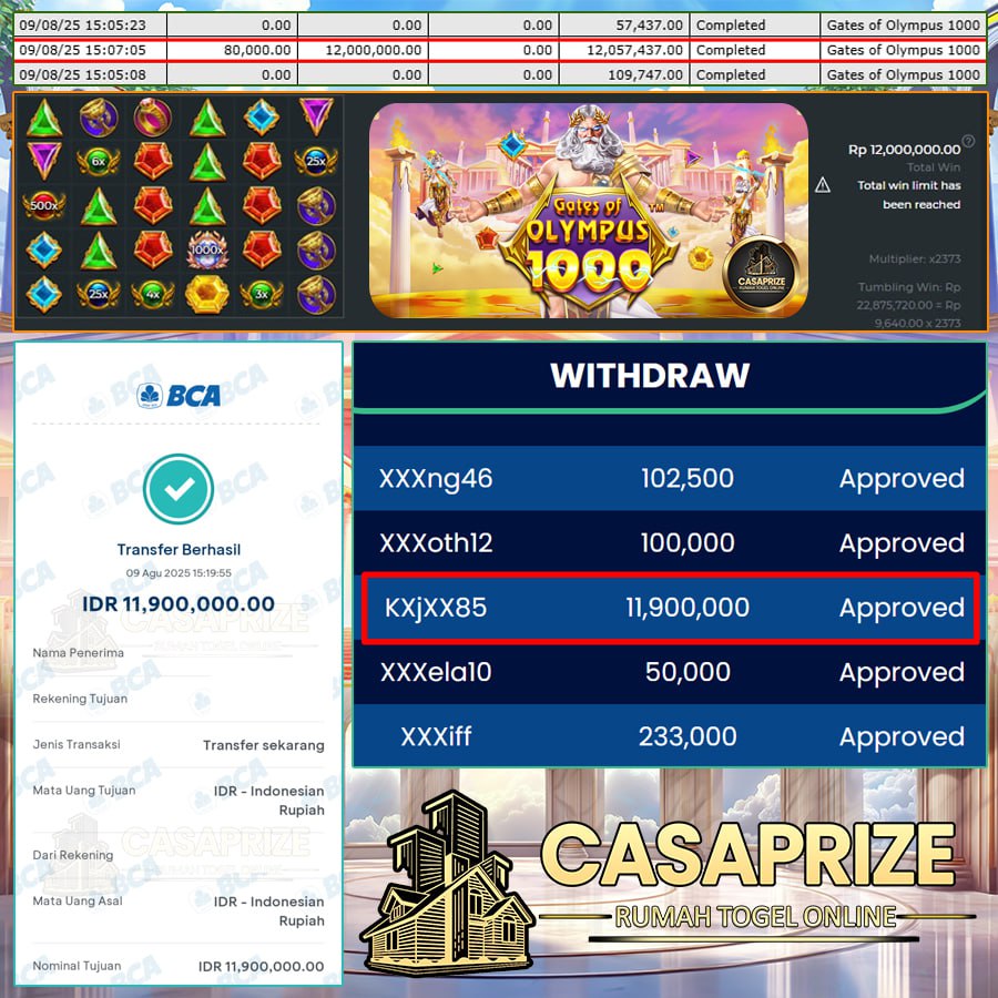 JOS LAGI JOS TERUS!! CASAPRIZE BAWA HOKI , MENANG SEBESAR 11 JT DI GATES OF OLYMPUS 1000!!