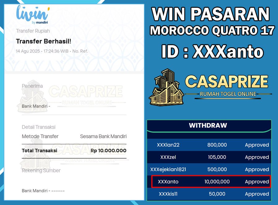 SELAMAT KEPADA MEMBER CASAPRZE PASUS DIPASARAN MOROCCO QUATRO 17