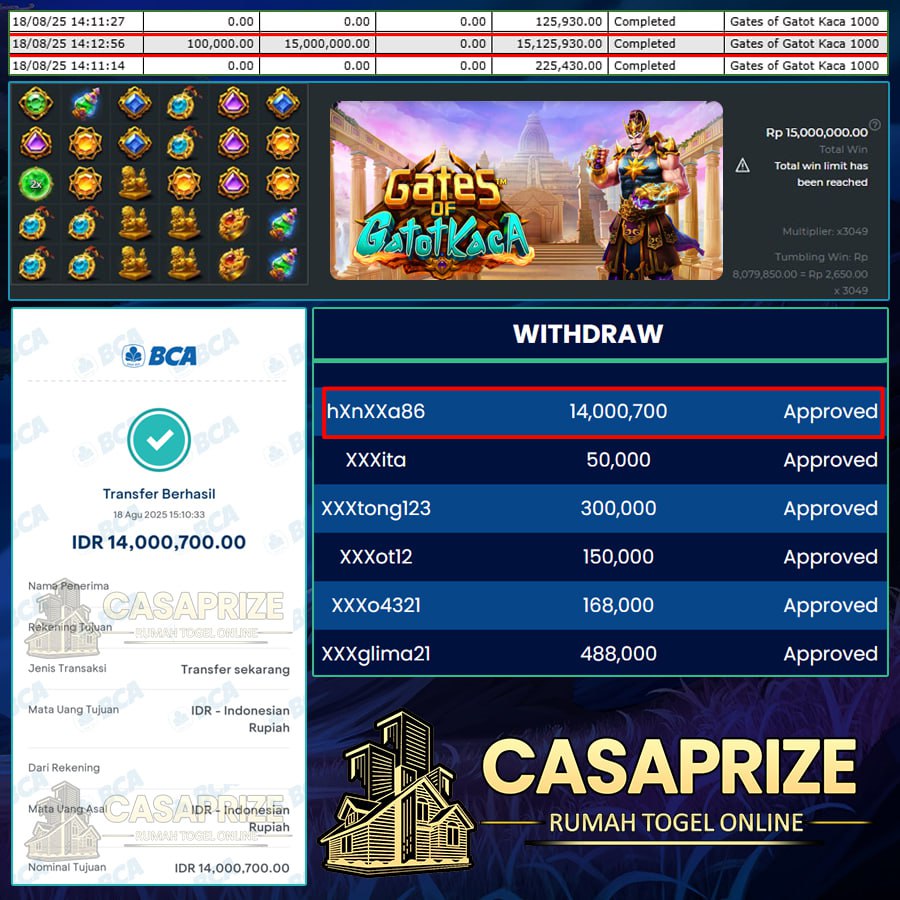 KEMENANGAN FANTASTIS DI CASAPRIZE - WIN SEBESAR 14 JT DI GATES OF GATOT KACA
