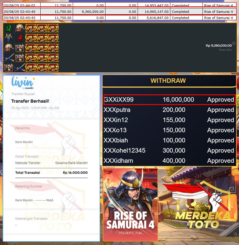 KEMENANGAN FANTASTIS DI MERDEKATOTO - WIN SEBESAR 16 JT DI PRAGMATIC PLAY RISE OF SAMURAI 4