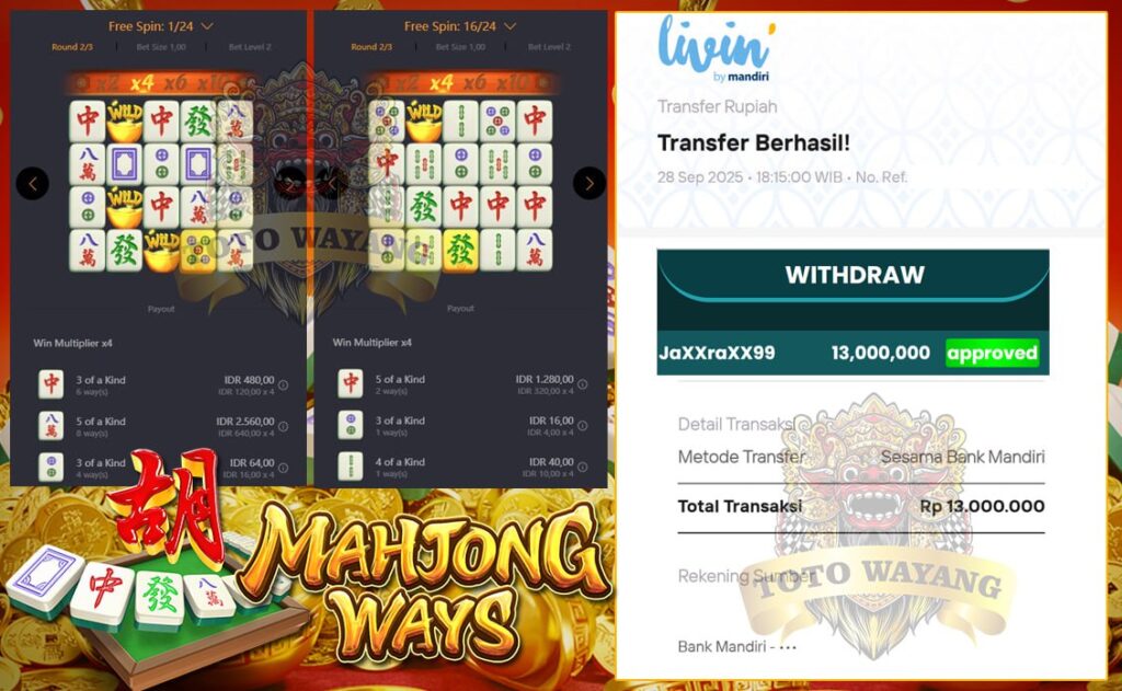 KEMENANGAN SENSATIONAL DARI MAHJONG WAYS 13JT!!! TOTOWAYANG LADANGNYA CUAN!!