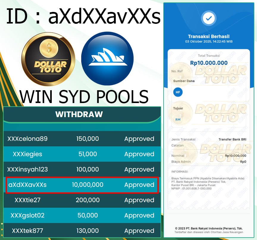 SELAMAT UNTUK MEMBR YANG SUDAH JACKPOT DI PASARAN SYD POOLS DI SITUS DOLLARTOTO