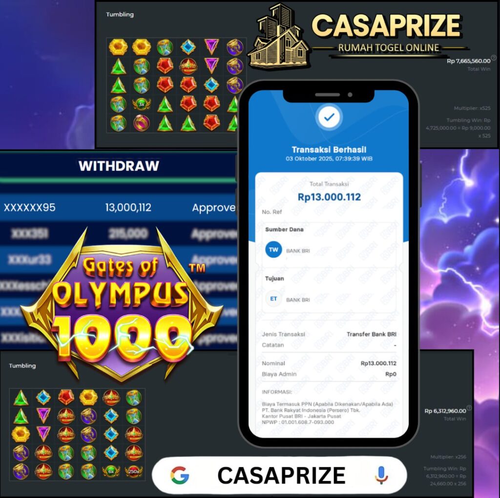 MODAL TIPIS HASIL MANIS CUMA ADA DI CASAPRIZE! WIN SEBESAR 13 JT DI GATES OF OLYMPUS 1000!
