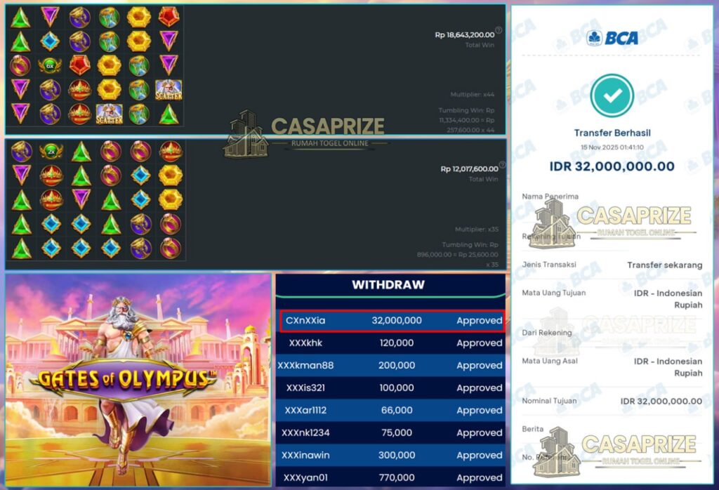 KEMENANGAN SUPER DI GATES OF OLYMPUS SUPER SCATTER SEBESAR 32 JT DI CASAPRIZE!