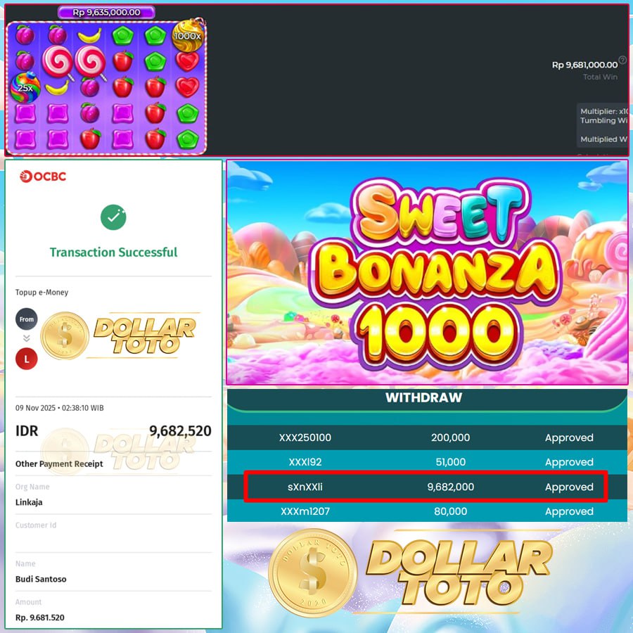CUAN MANIS CUMA ADA DI DOLLARTOTO , WIN SEBESAR 9 JT DI SWEET BONANZA 1000!