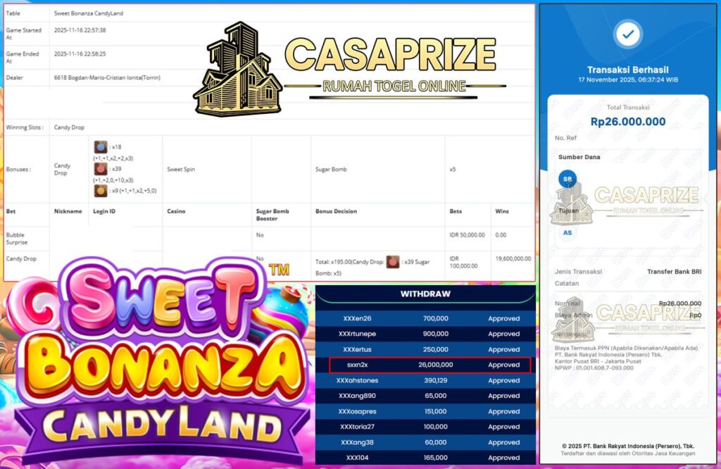 CUAN MANIS MELIMPAH DI CASAPRIZE!! SWEET BONANZA CANDY LAND BIKIN DOMPET NGEGEMBUNG 26 JUTA!