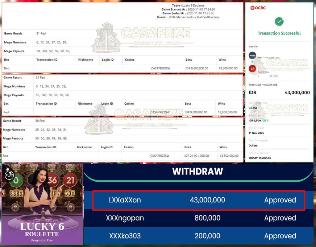 BAWA HOKY LAGI BOSKU !! MENANG SEBESAR 43JT DI LUCKY 6 ROULETTE DI CASAPRIZE!!