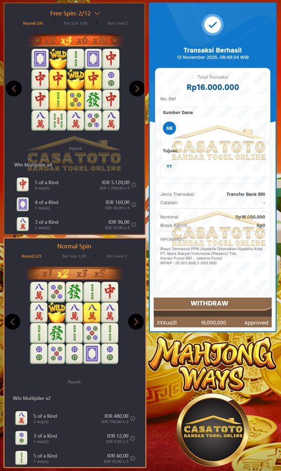 GACOR TERUS DI CASATOTO WIN SEBESAR 16 JT DI MAHJONG WAYS!