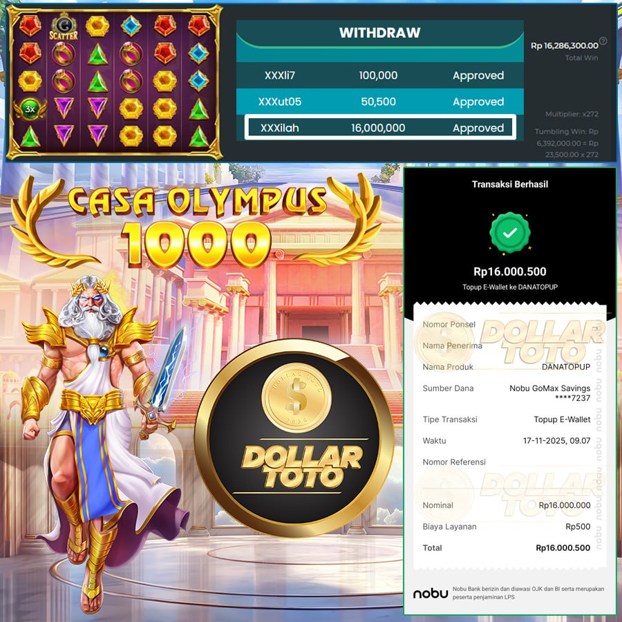 KOLABORASI GACOR BAWA HOKI WIN SEBESAR 16 JT DI CASA OLYMPUS 1000 DI DOLLARTOTO!