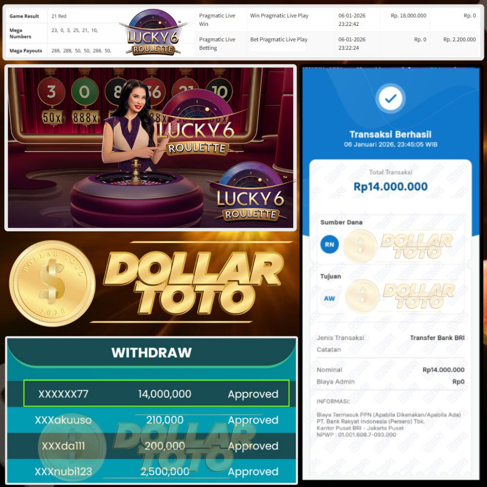 DOLLARTOTO JOSS TERUSS!! MENAGN SEBESAR 14 JT DI LUCKY 6 ROULETTE
