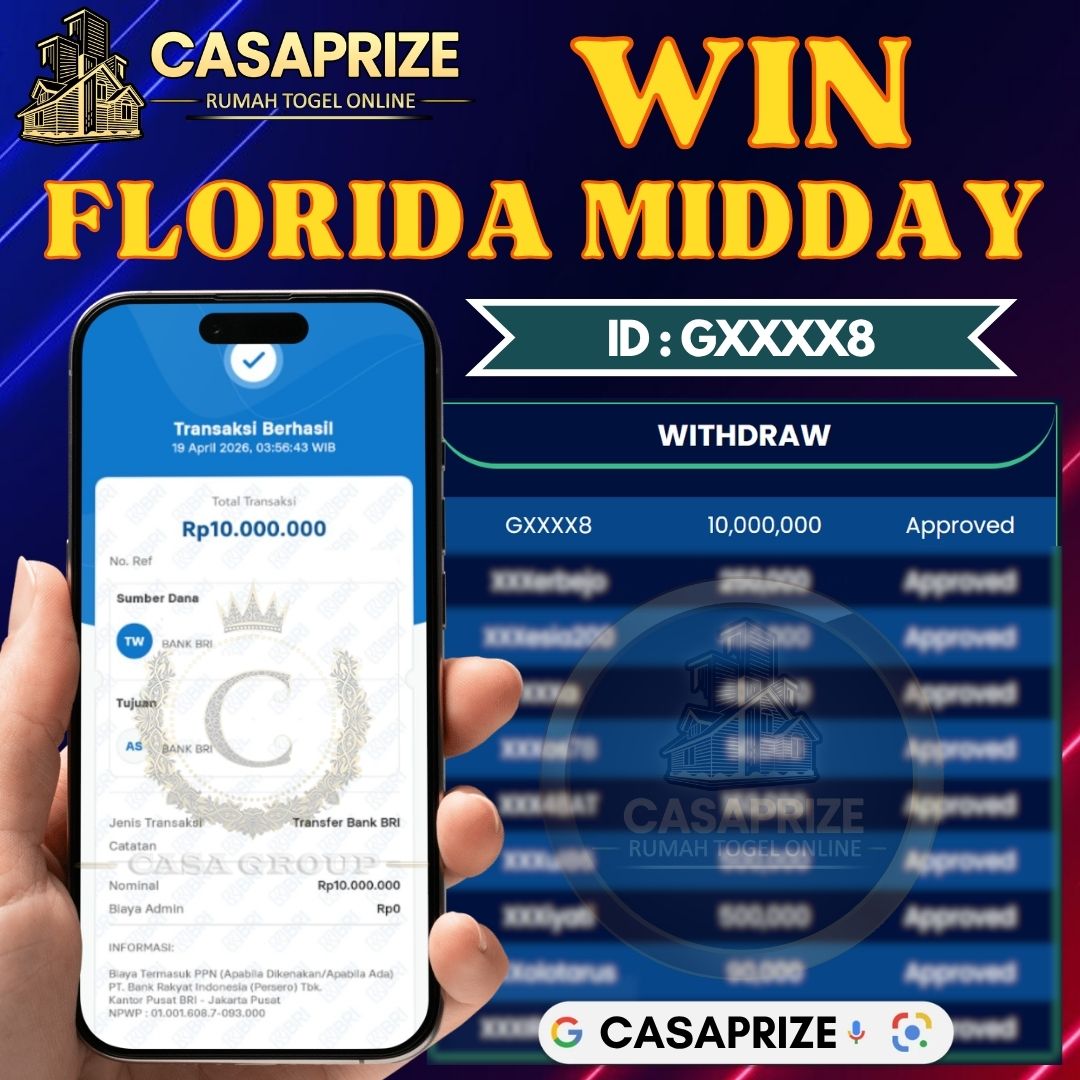 MELEDAK !! SELAMAT MEMBER CASAPRIZE JACKPOT PAUS DI PASARAN FLORIDA MIDDAY 