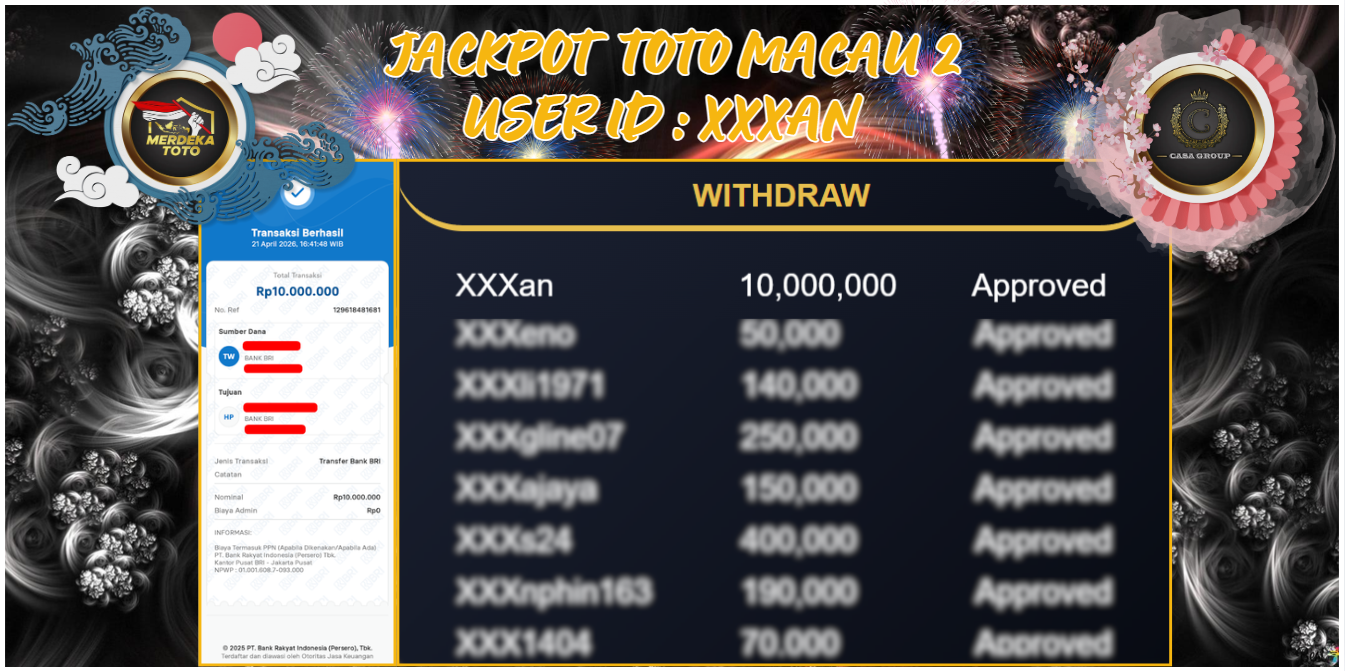Selamat untuk member MERDEKATOTO yang sudah Jackpot dipasaran TOTO MACAU 1
