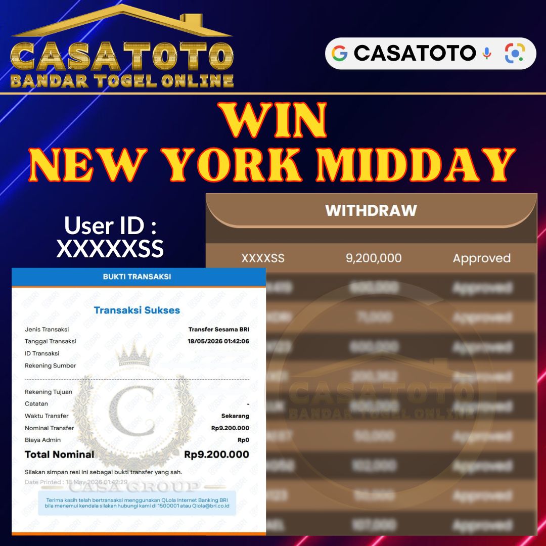MELEDAK !! SELAMAT MEMBER CASATOTO JACKPOT PAUS DI PASARAN NEW YORK MIDDAY 